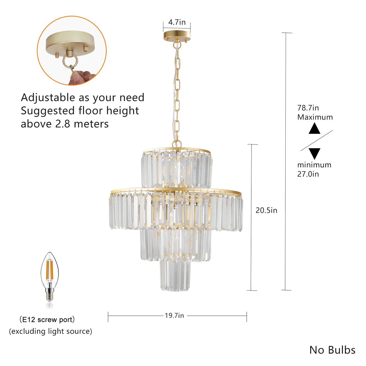 Elegant 20-Inch Crystal Chandelier - Gold 4-Tier Pendant Light