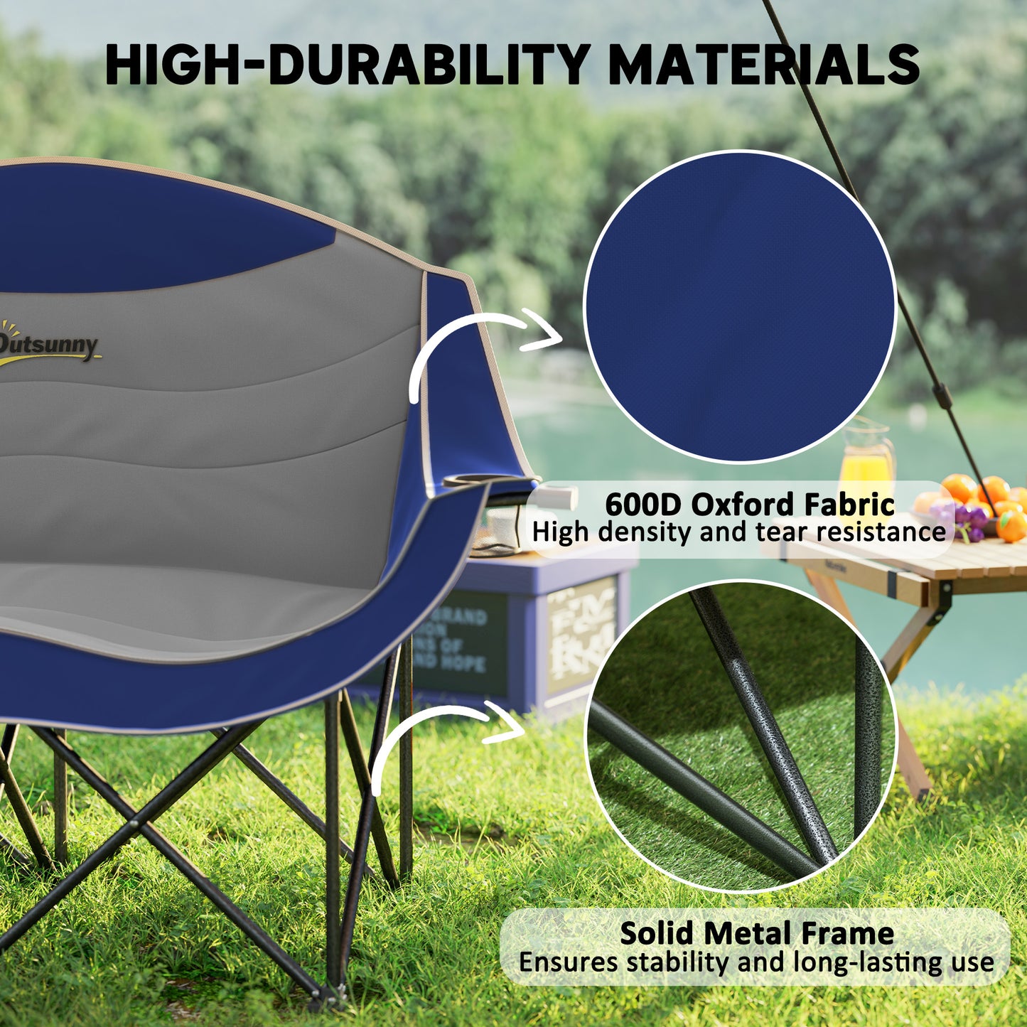 Double Padded Folding Camp Chair with Armrests & Cup Holders - Blue