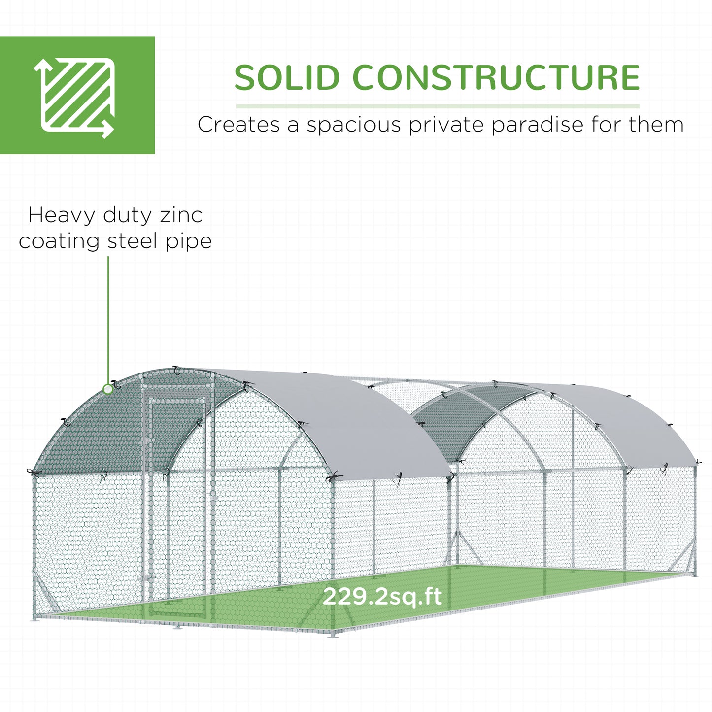 Large Metal Chicken Coop with Waterproof Cover - Outdoor Animal House, 9.2x24.9x6.5 ft, Silver