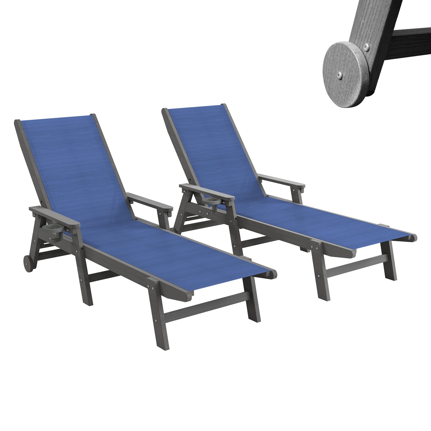 Outdoor Pool Lounge Chairs Set of 2 - HDPE with Wheels, Navy Blue