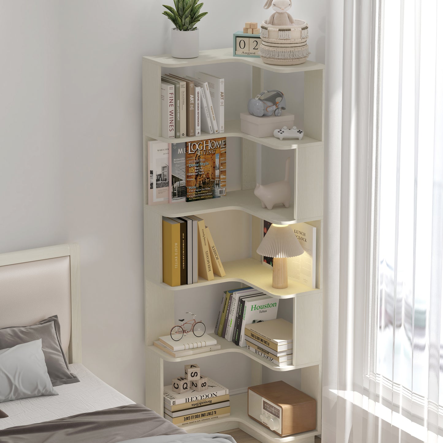 6 Tier Freestanding L-Shaped Corner Bookshelf For Living Room,