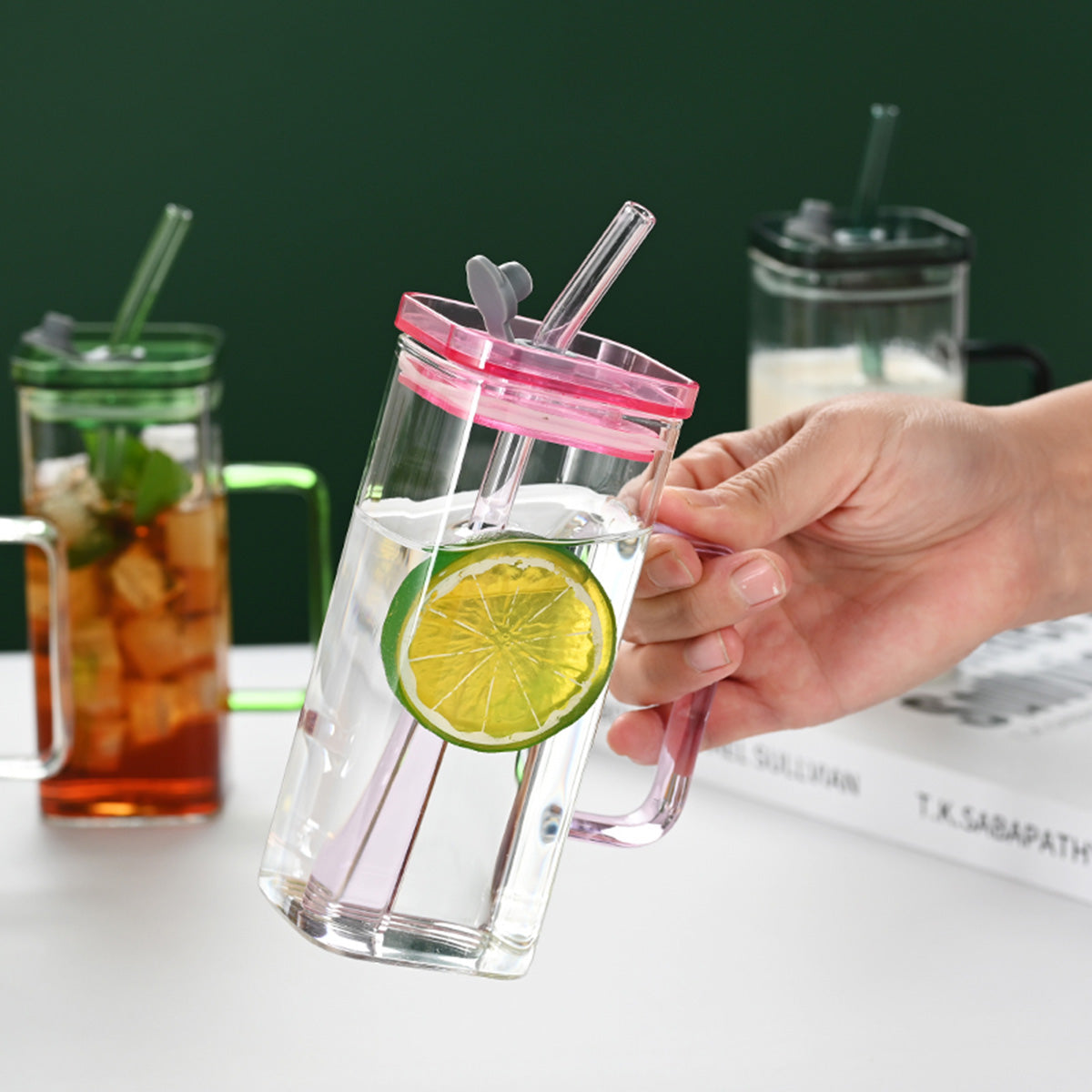 Green Borosilicate Glass Straw Cup with Lid - 6 Colors