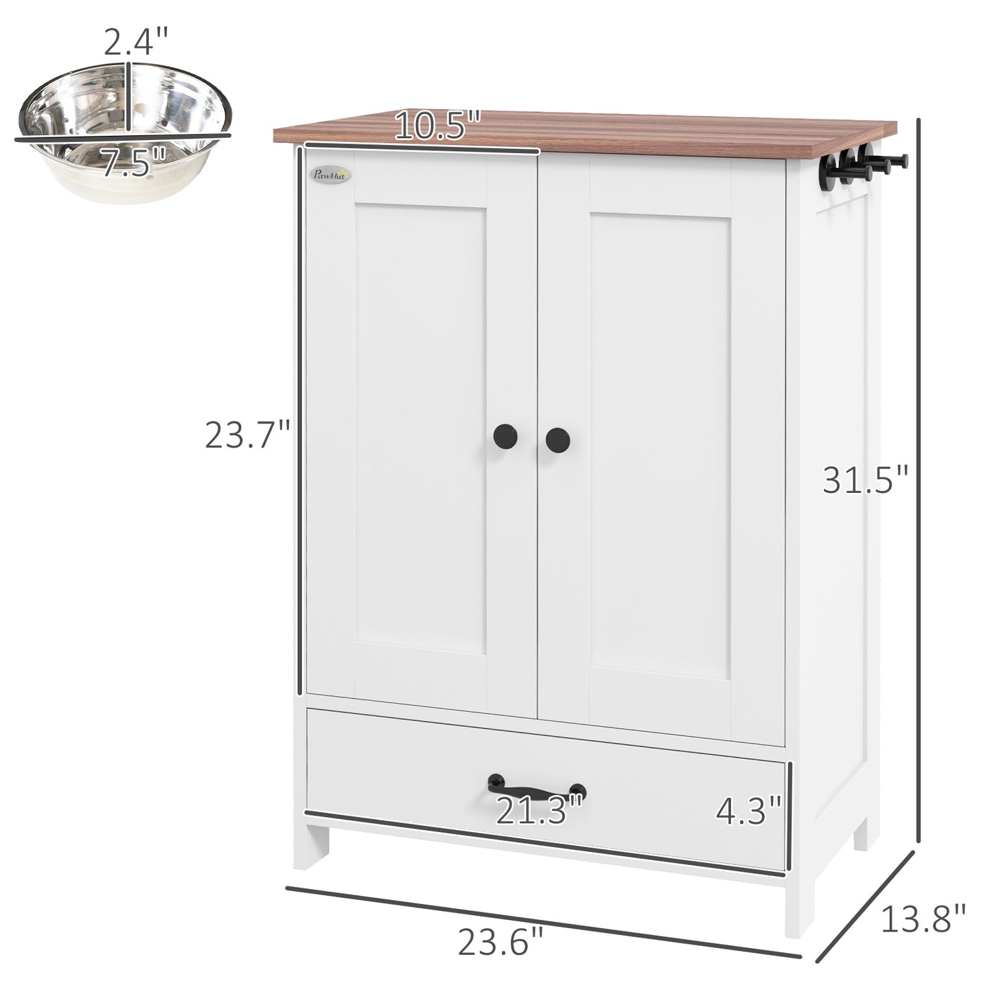 Pet Feeding Station with Adjustable Height & Hidden Bowls - Medium Dogs, White