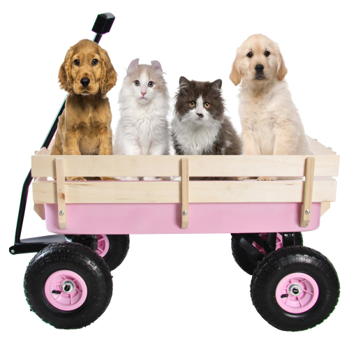 All Terrain Garden Wagon with Wood Railing and Air Tires for Outdoor Use