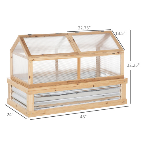 Outdoor Raised Garden Bed with Polycarbonate Greenhouse - Wooden Flower Planter Protection, 48 x 24 x 32 inches, Natural Wood
