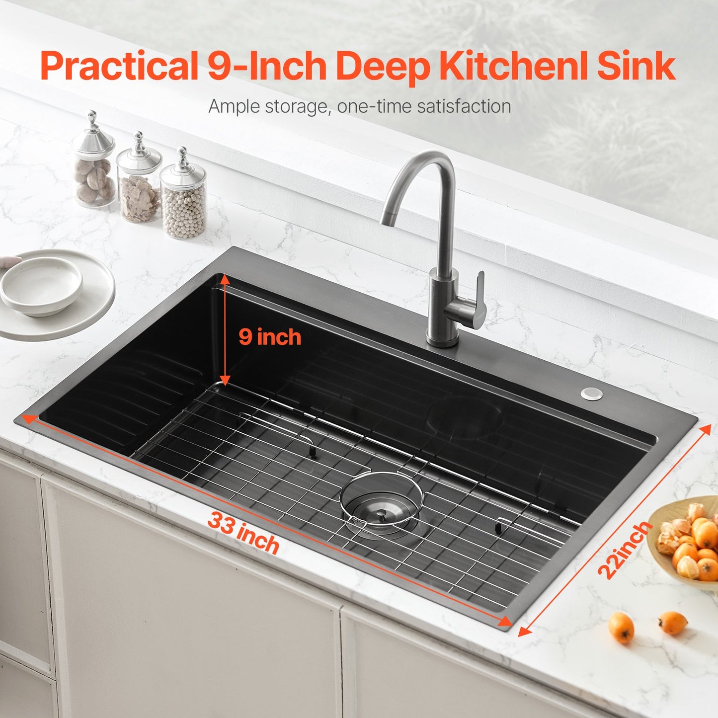 33-Inch Drop-In Kitchen Sink - Single Bowl Stainless Steel Black