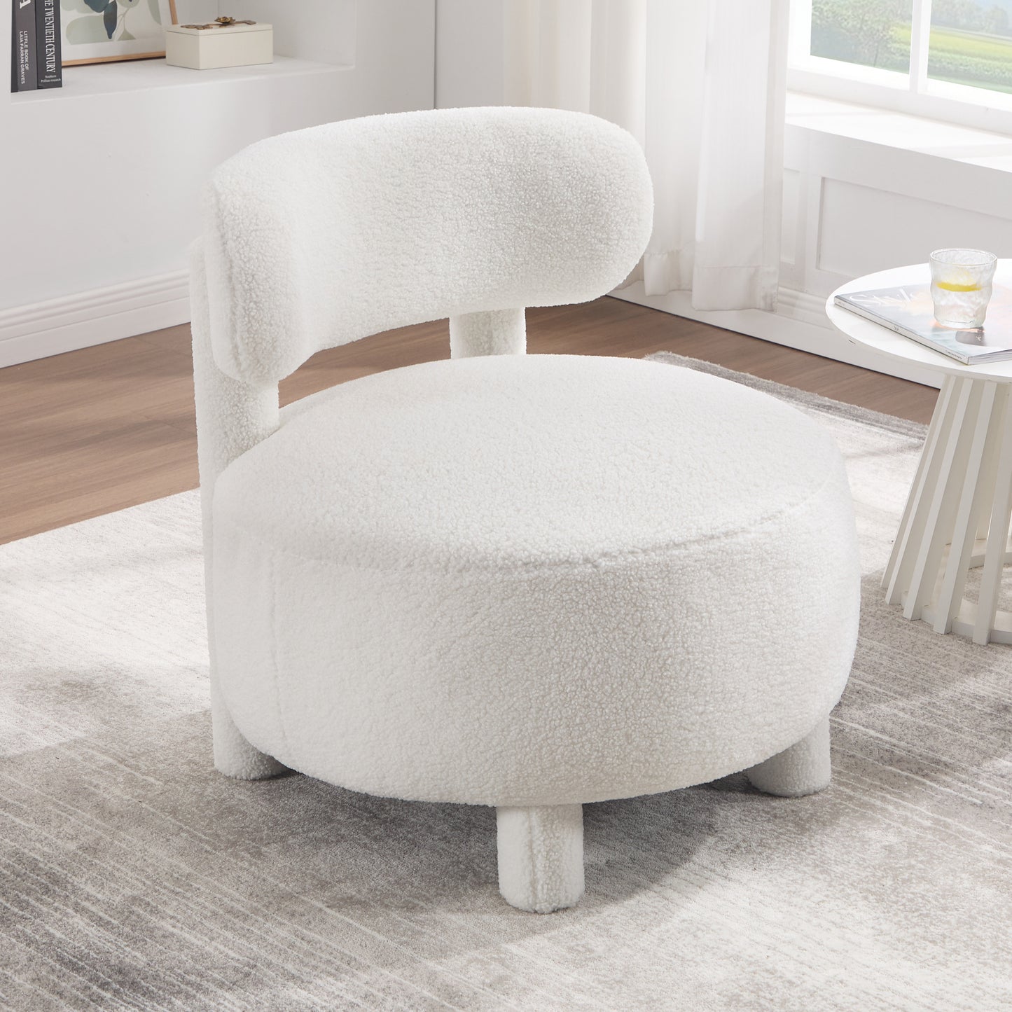 White Teddy Fabric Armless Accent Chair with Curved Backrest