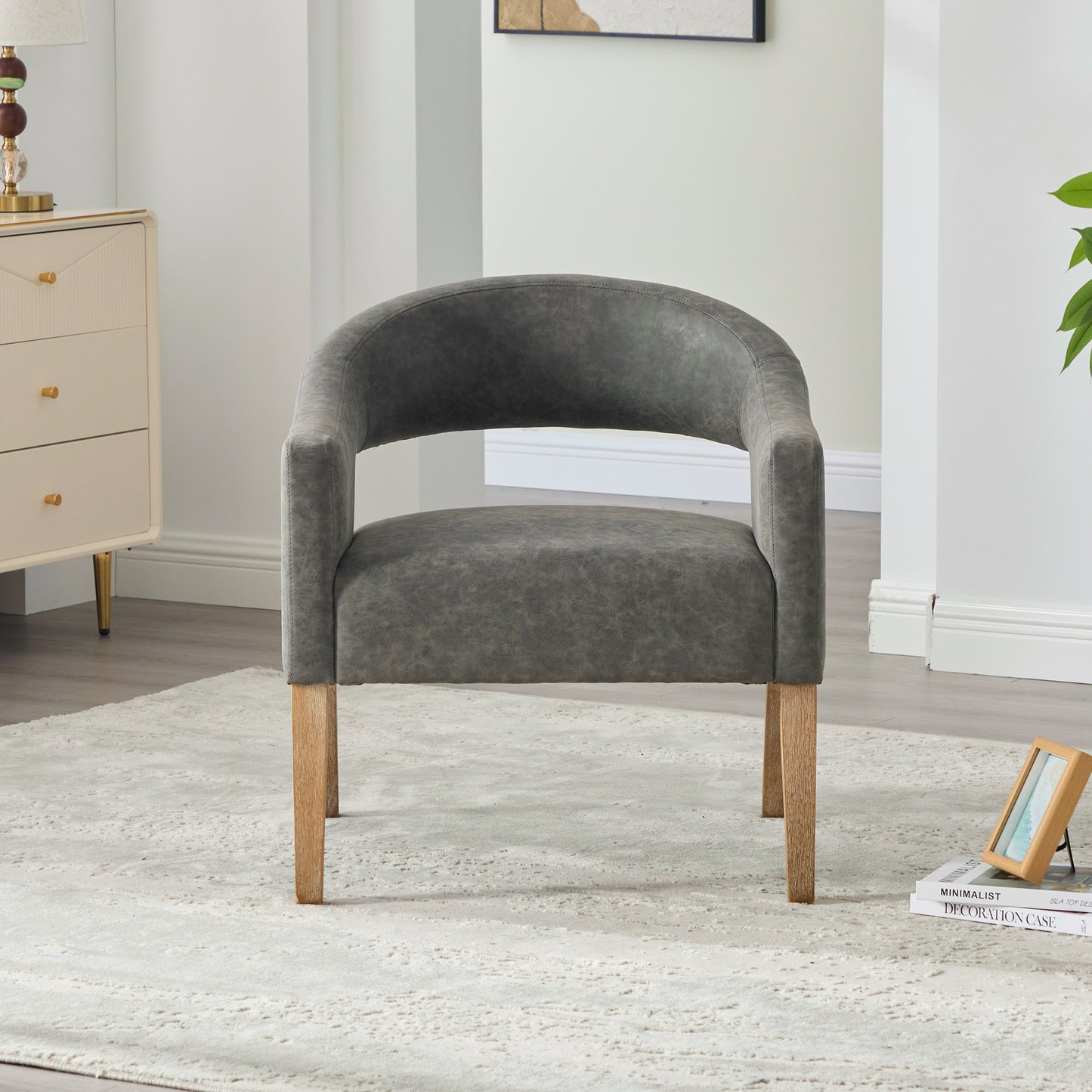 Modern Gray Upholstered Accent Armchair with Rubberwood Legs