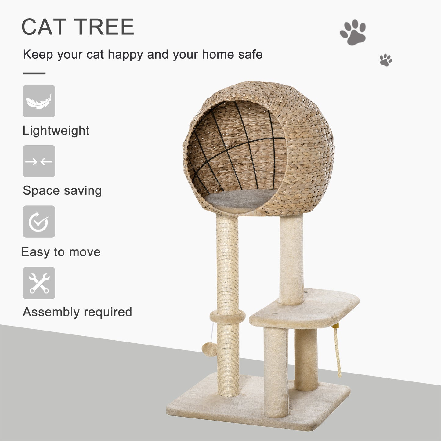 Beige Cat Tree with Sisal Scratching Post Condo and Hanging Rope - 39 Inches