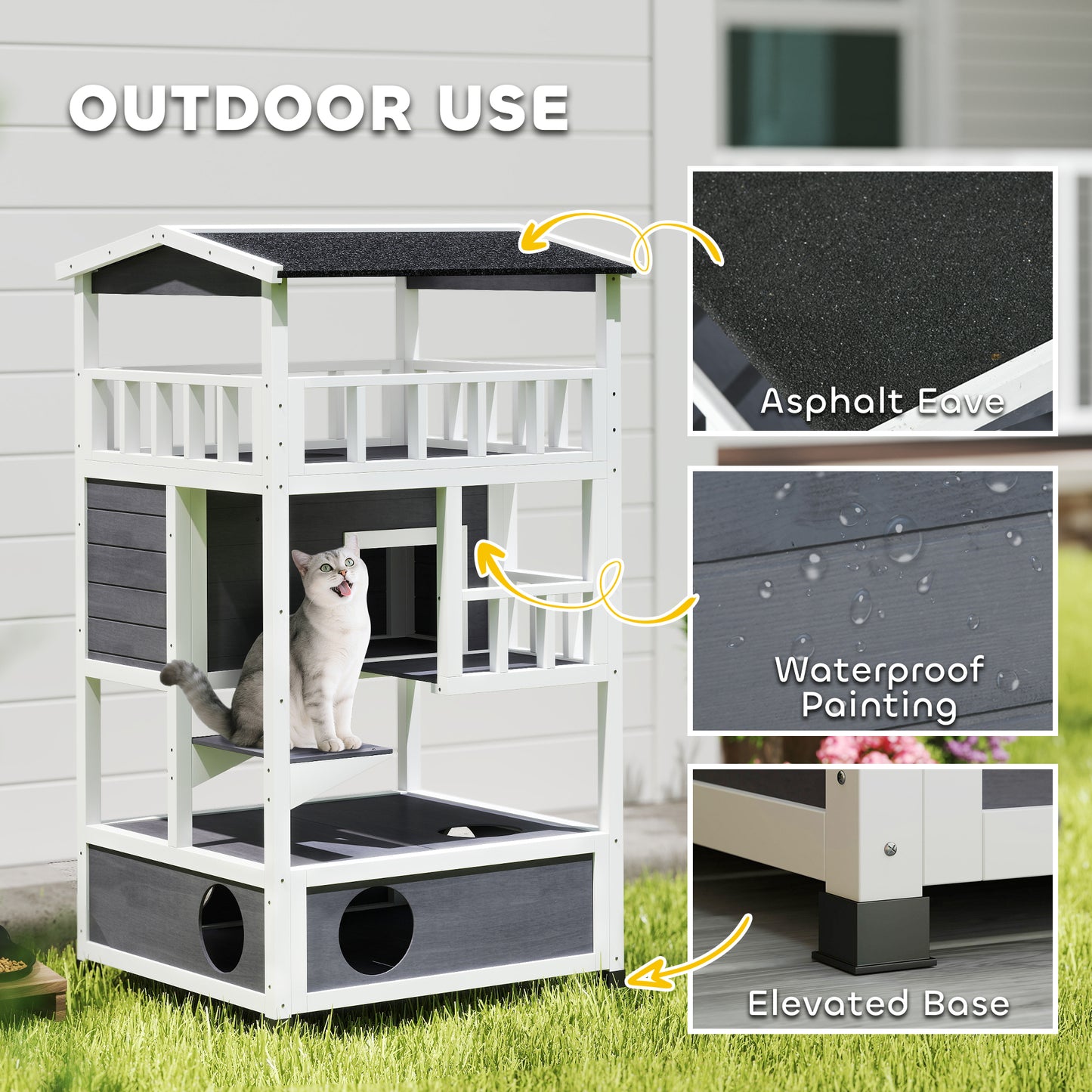 Outdoor Cat House with Asphalt Roof, Escape Doors & Jumping Platform - Gray