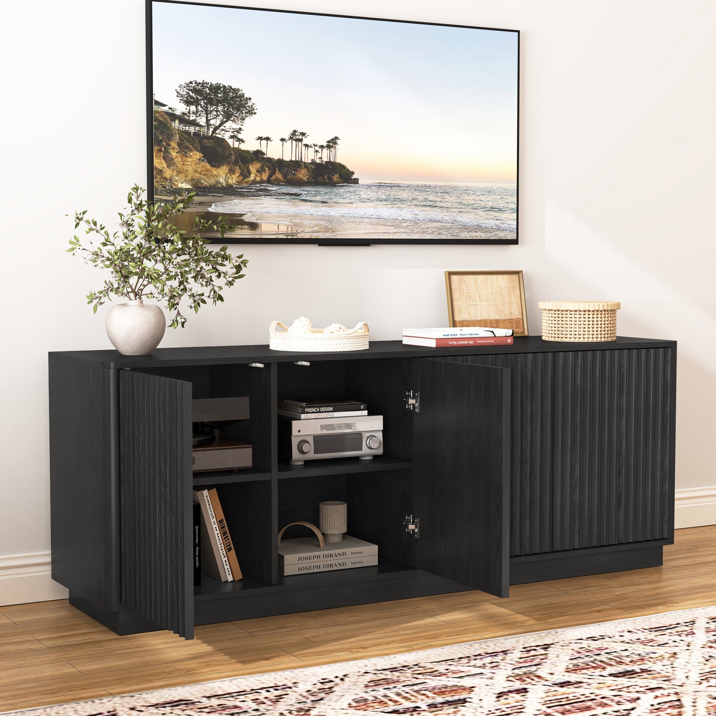 Buffet Storage Cabinet - 62.99" Wooden Sideboard with 4 Doors - Black