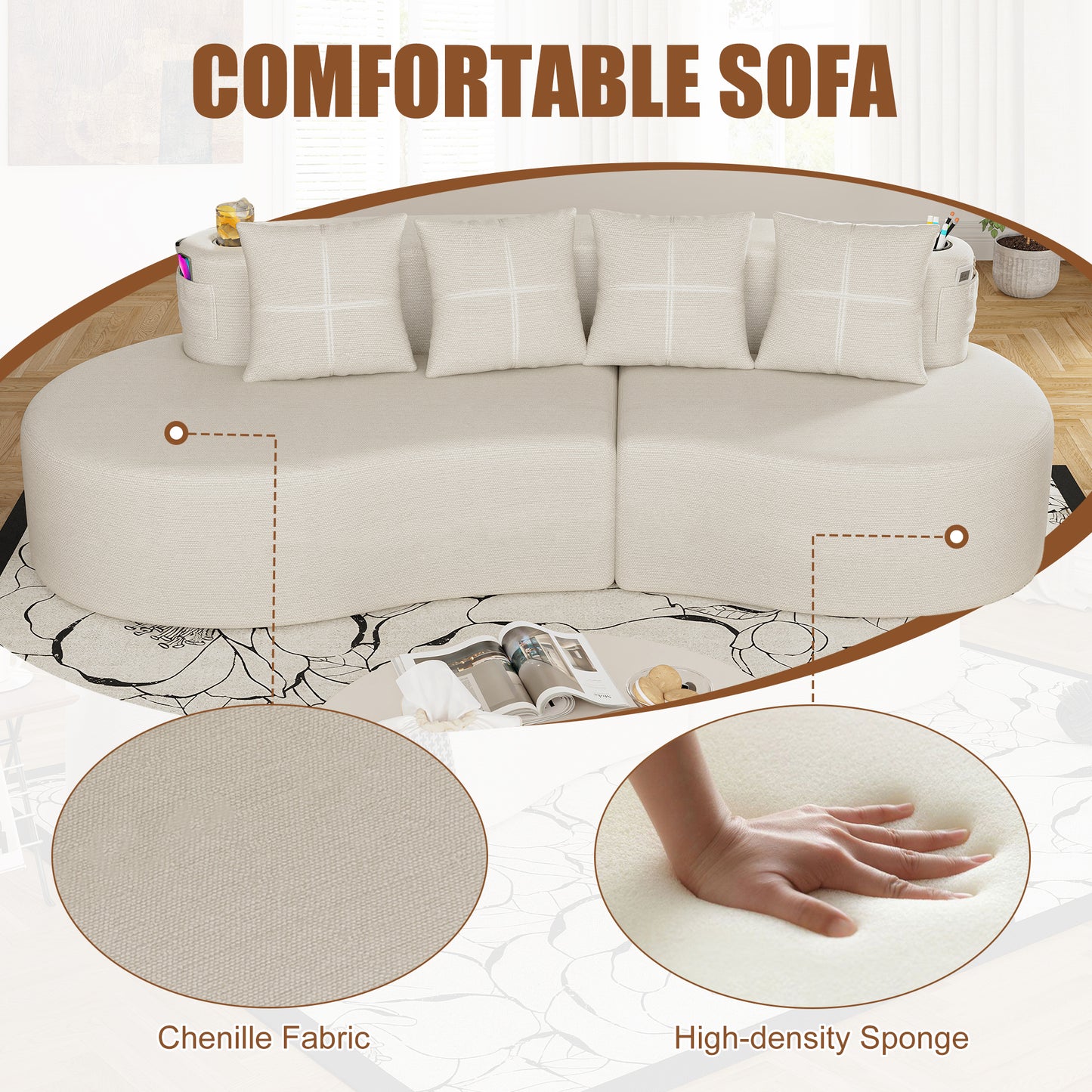 3-Seat Modern Curved Sectional Sofa - Beige Minimalist Design