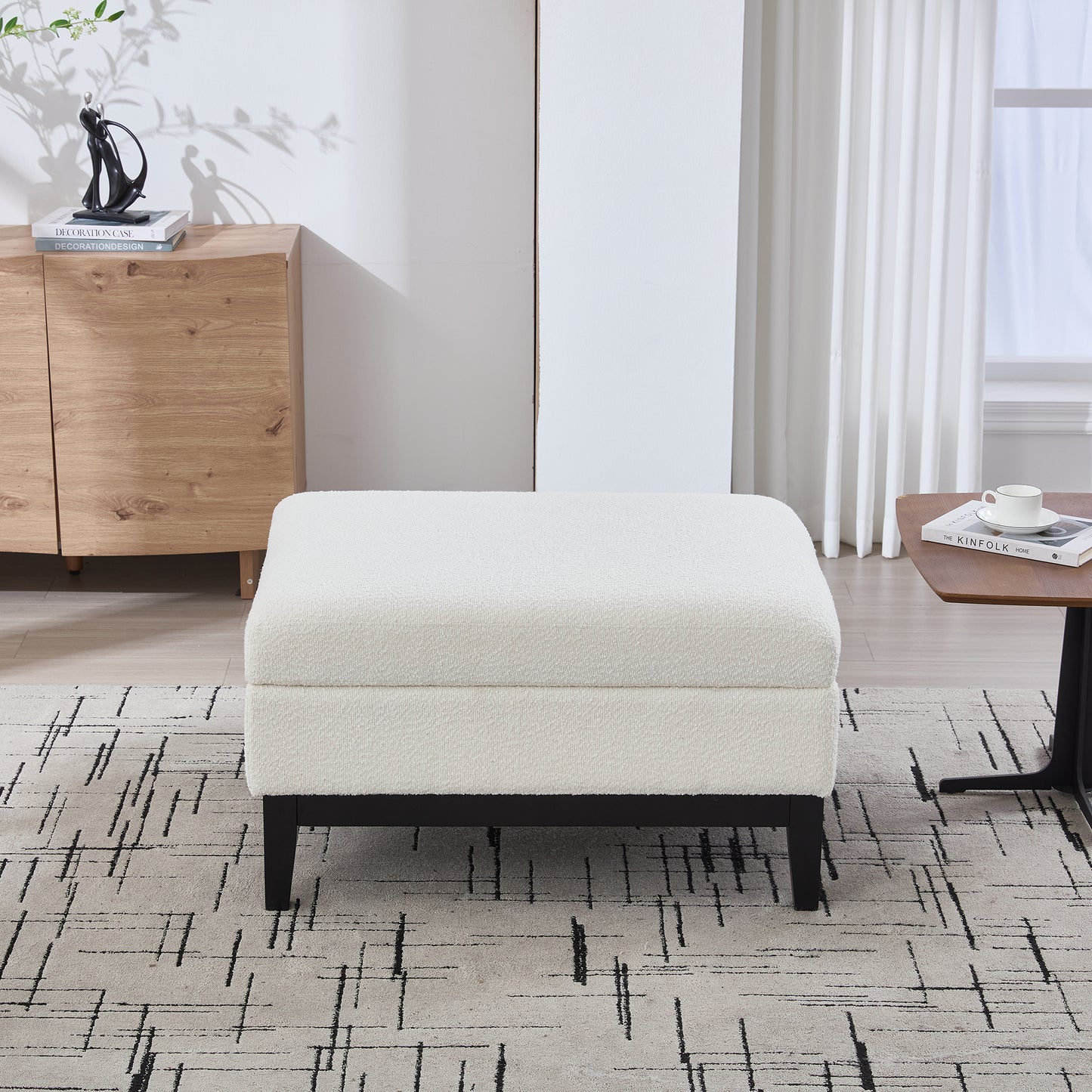 Ivory Upholstered Storage Ottoman with Reversible Lid - Footstool