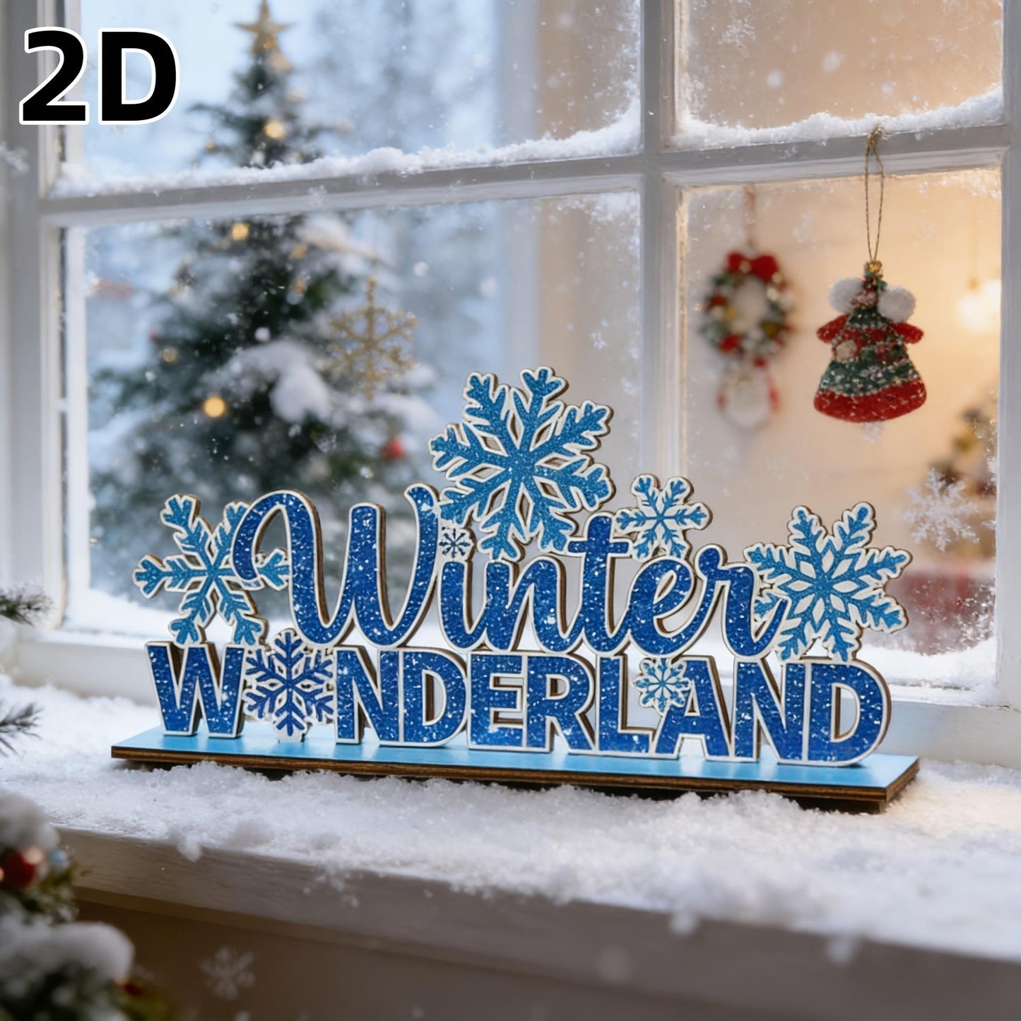 Wooden Snowflake and Snowman Ornaments Set - Blue Holiday Decor 20x10cm