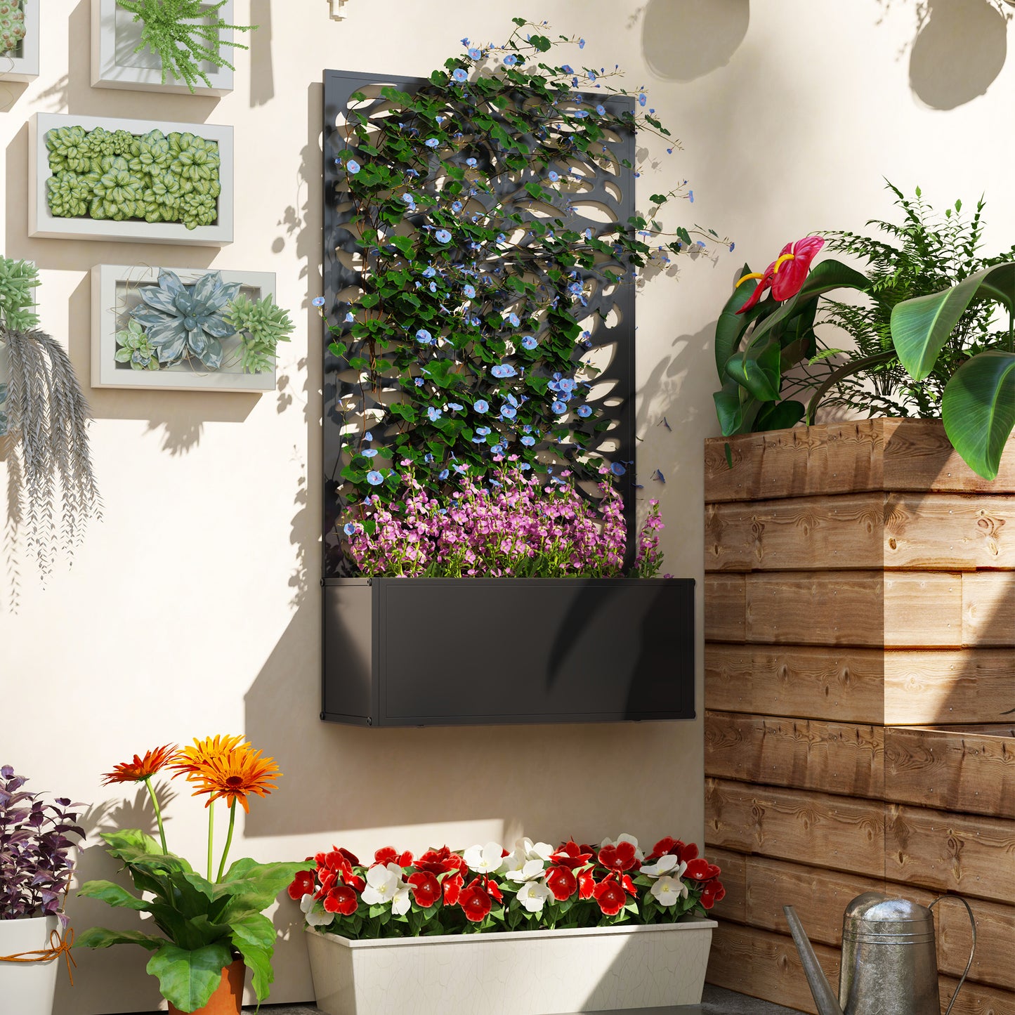 Metal Garden Bed with Trellis for Climbing Plants - Freestanding or Wall Mountable, Black, 960x680x65 mm