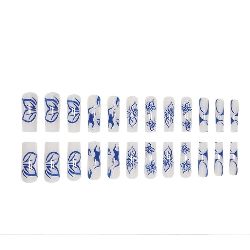 24 PCS Butterfly Press-On Nails - Long Square Fake Nail Tips - Pink