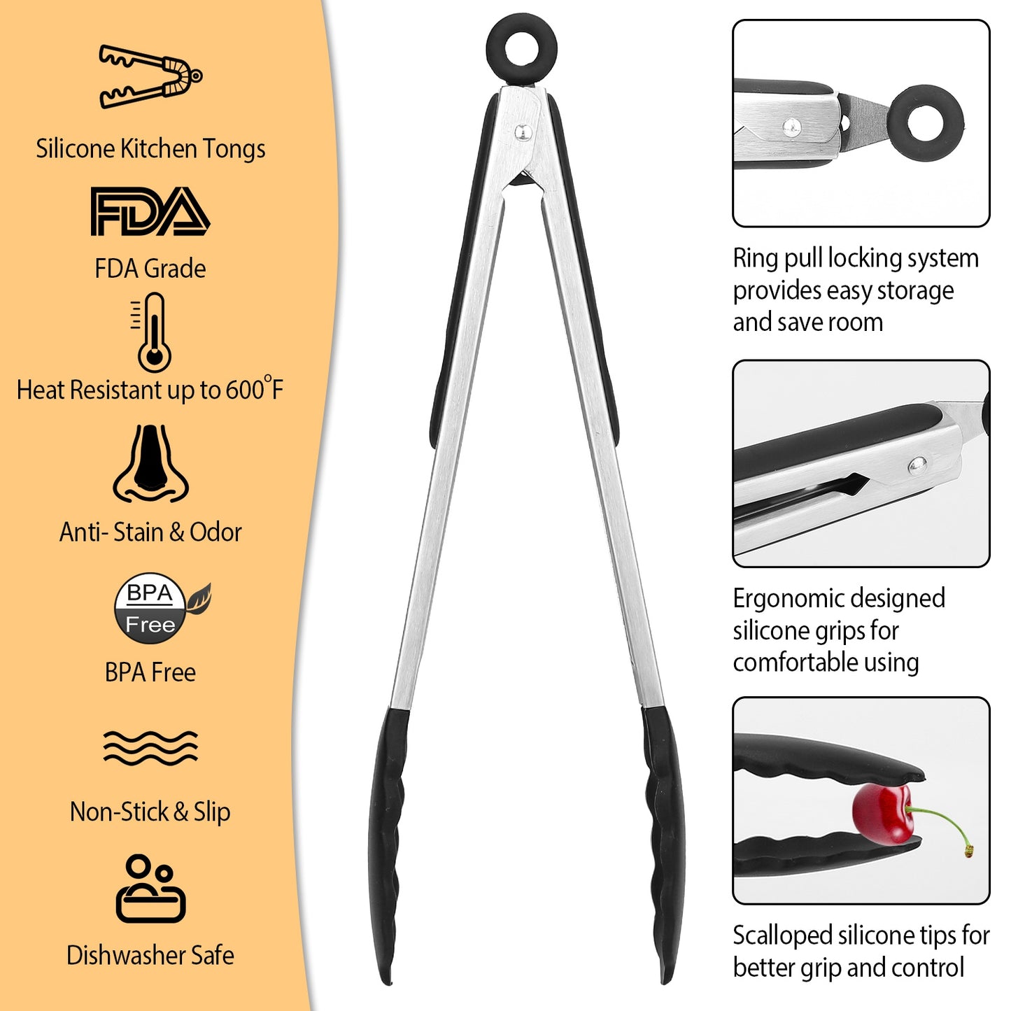 Stainless Steel Locking Tongs Set with Silicone Tips - 3 Pcs