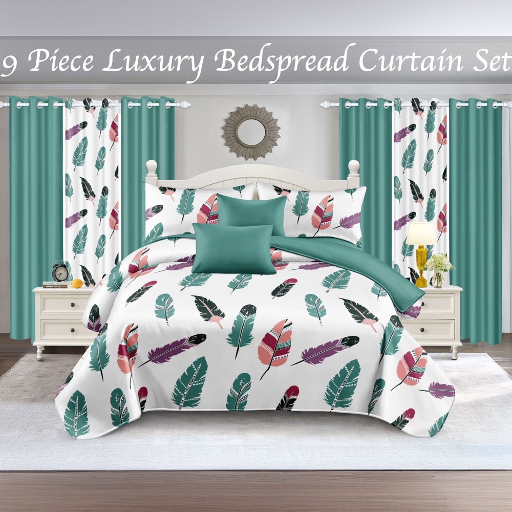 9-Piece Boho Feather Print Quilt & Curtain Set with Customizable Panels