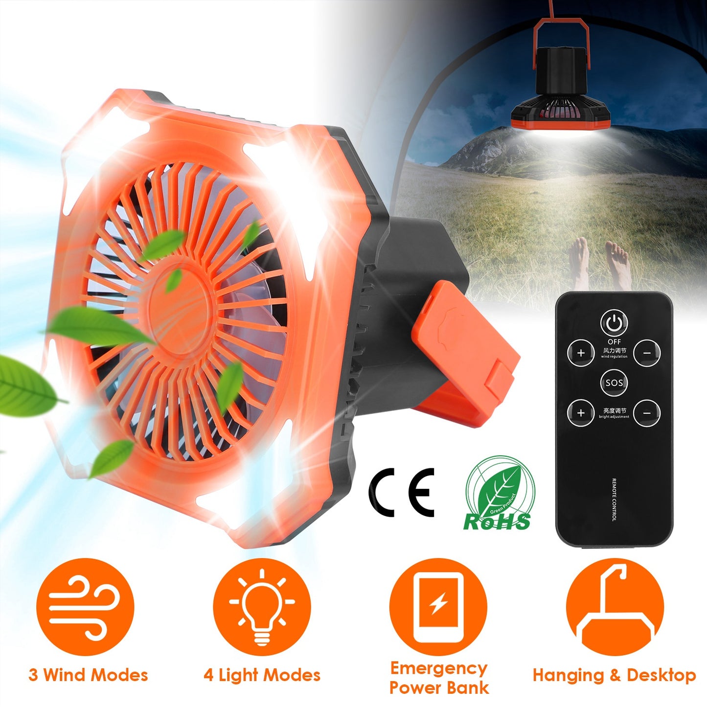 Portable Camping Lantern Fan - USB Rechargeable, 3 Wind & 4 Light Modes, Emergency Power Bank, Orange