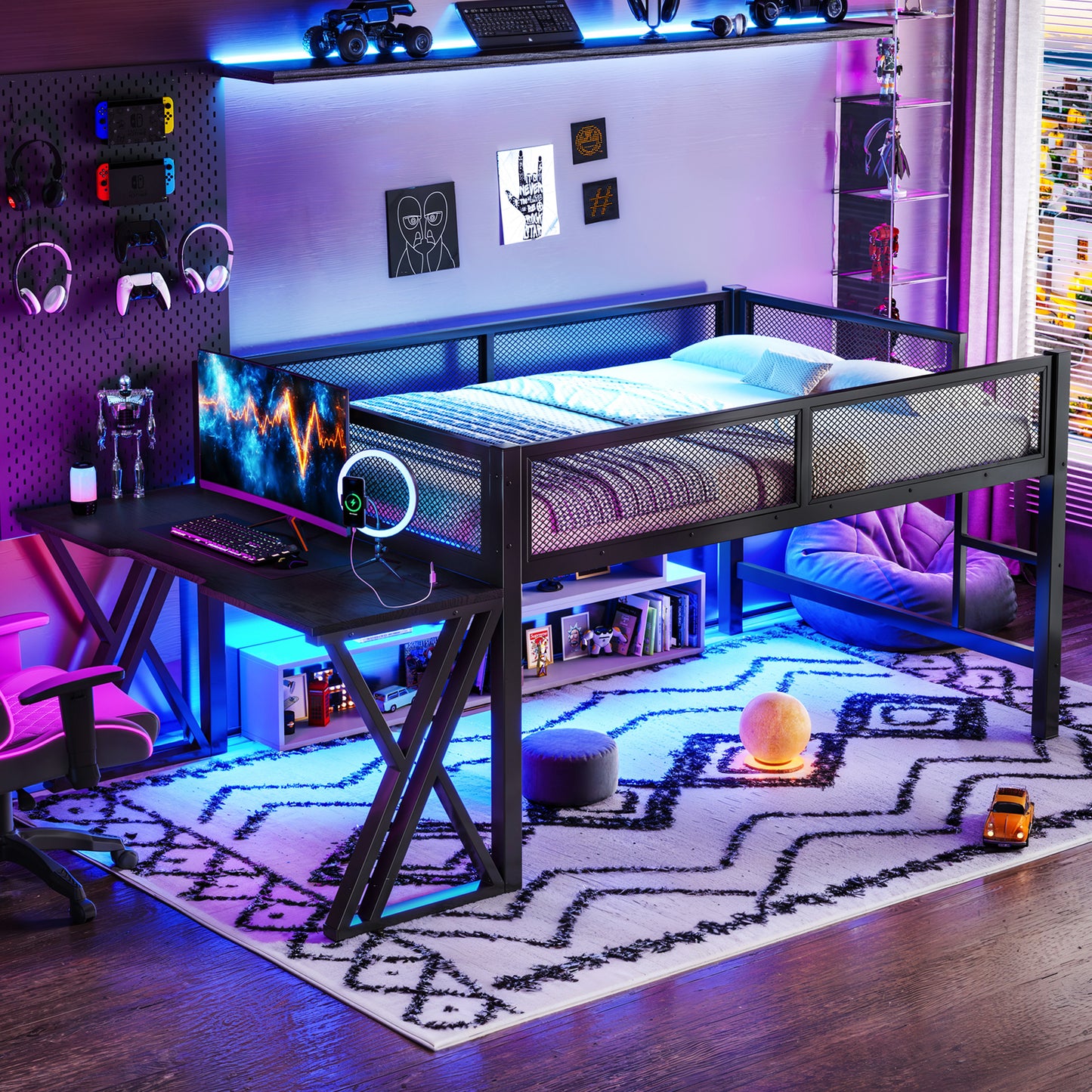 Gaming Loft Bed with Desk, LED Lights & USB Ports - Black