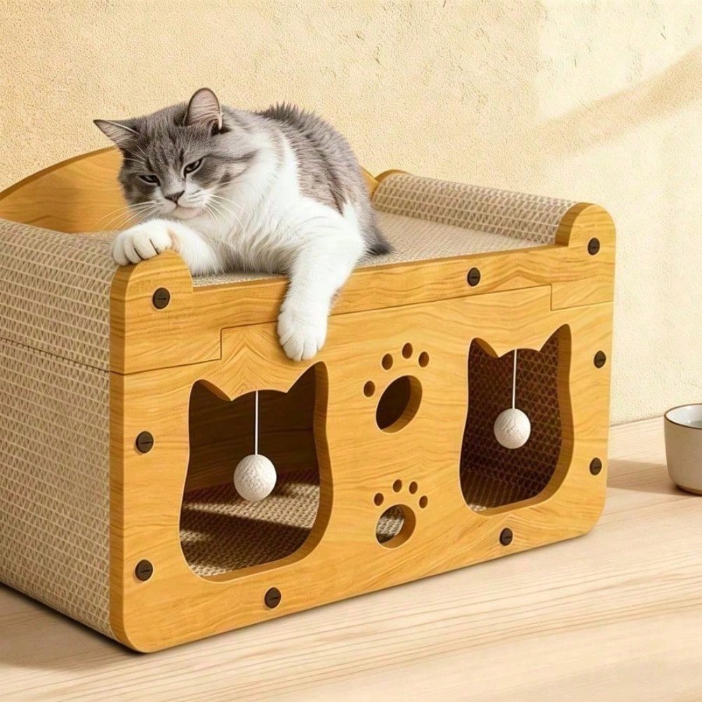 Multi-Style Double-Layer Cat House & Bed with Corrugated Cardboard, Interactive Toys & Ergonomic Support