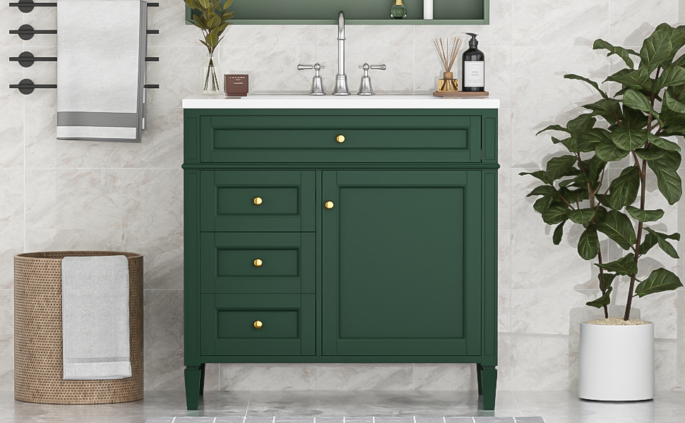 36'' Modern Bathroom Vanity with Sink & 3 Drawers - Garnet/Green