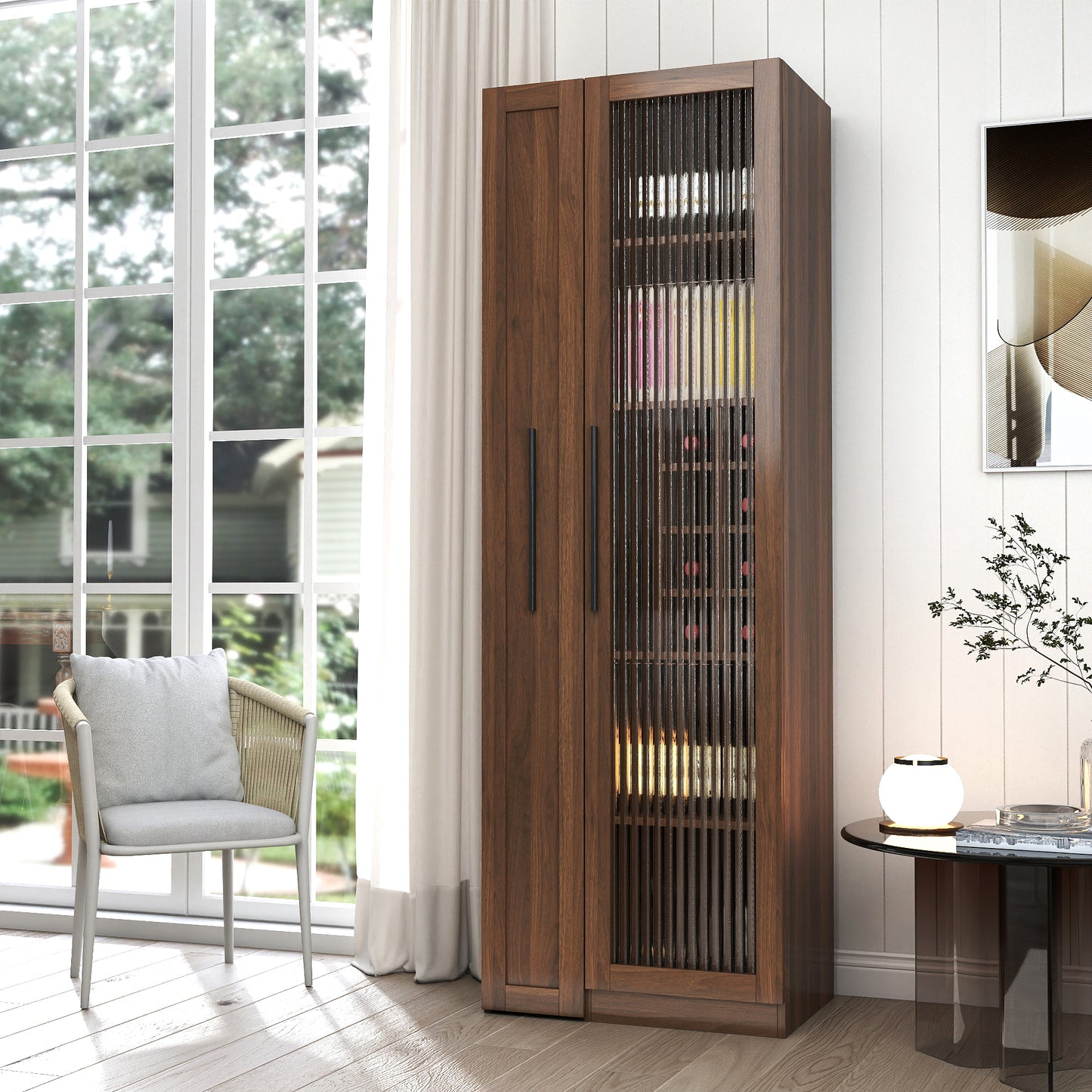 Farmhouse Kitchen Pantry Cabinet with Pull-Out Storage Shelf - Walnut