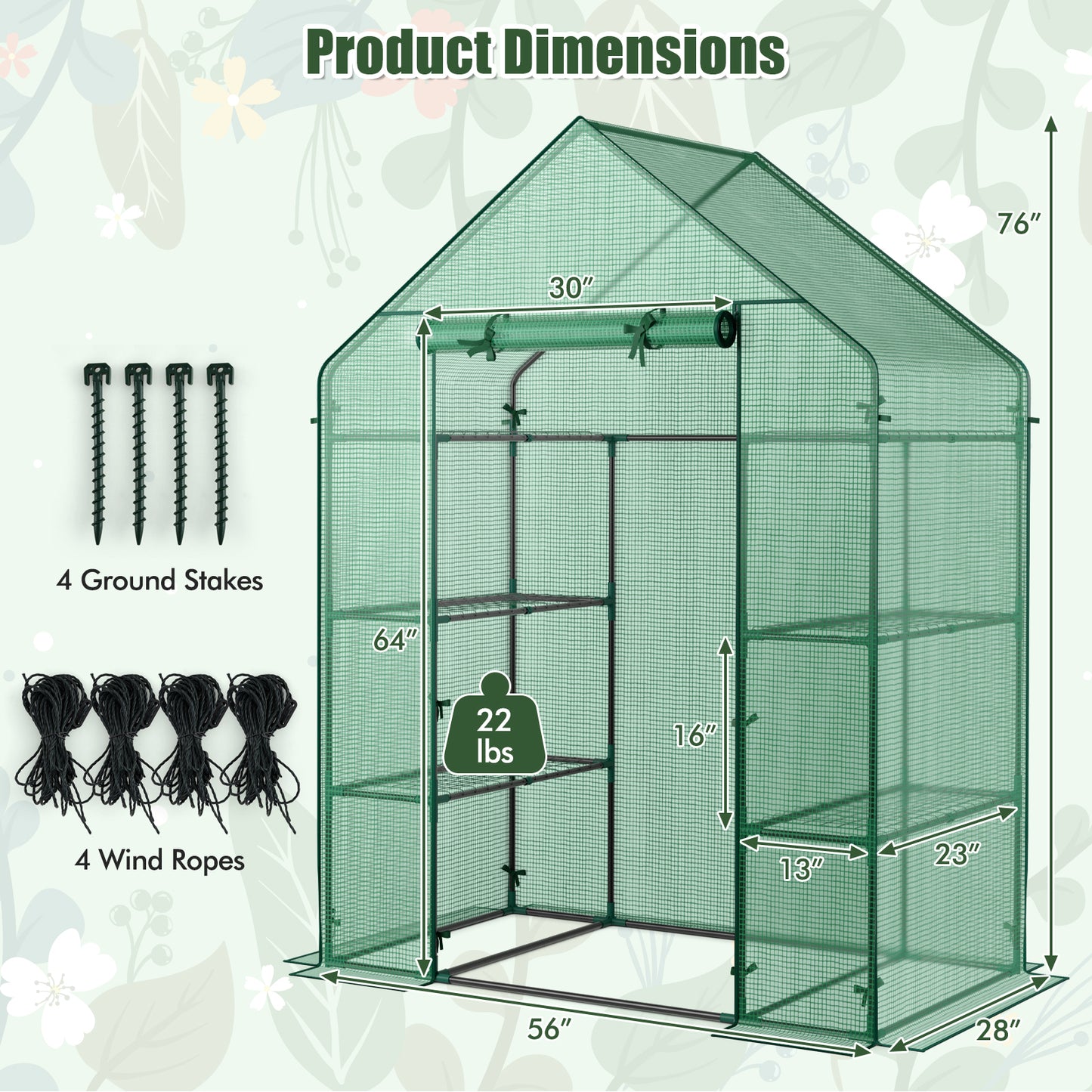 Portable 4-Tier Walk-In Greenhouse with 8 Shelves