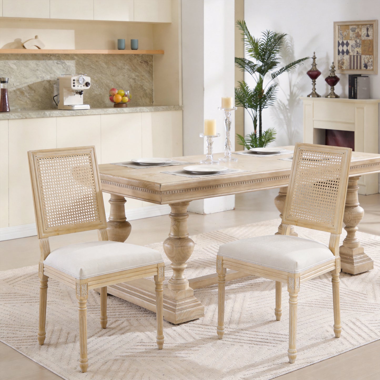 French Country Dining Chairs - Set of 2 Upholstered Rattan Back