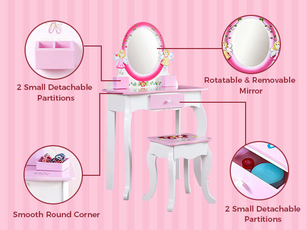 Kids Vanity Set Floral Printed Wooden Makeup Dressing Princess Table