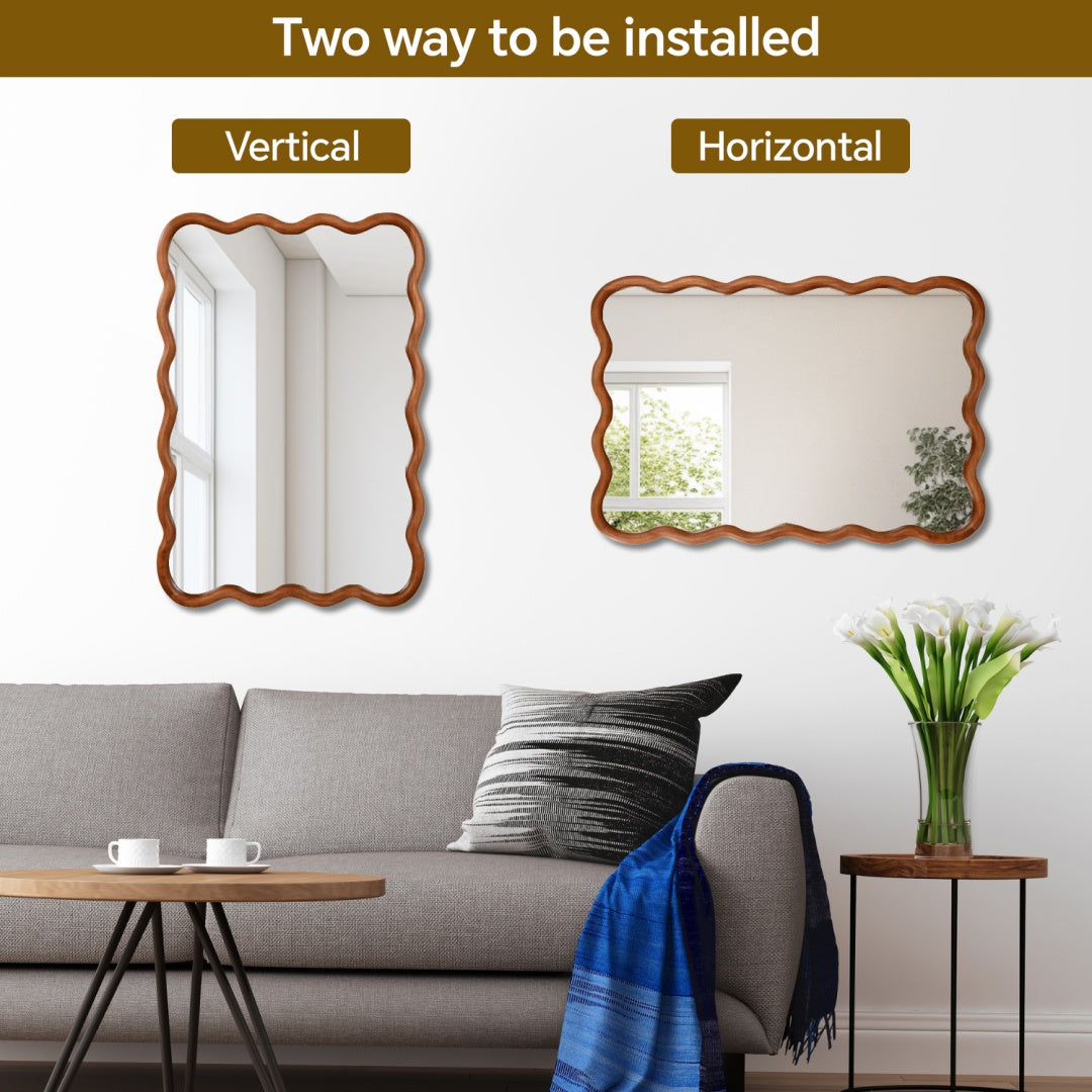 Wavy Rectangle Solid Wood Frame Decorative Mirror - Yellowish Brown 20x30