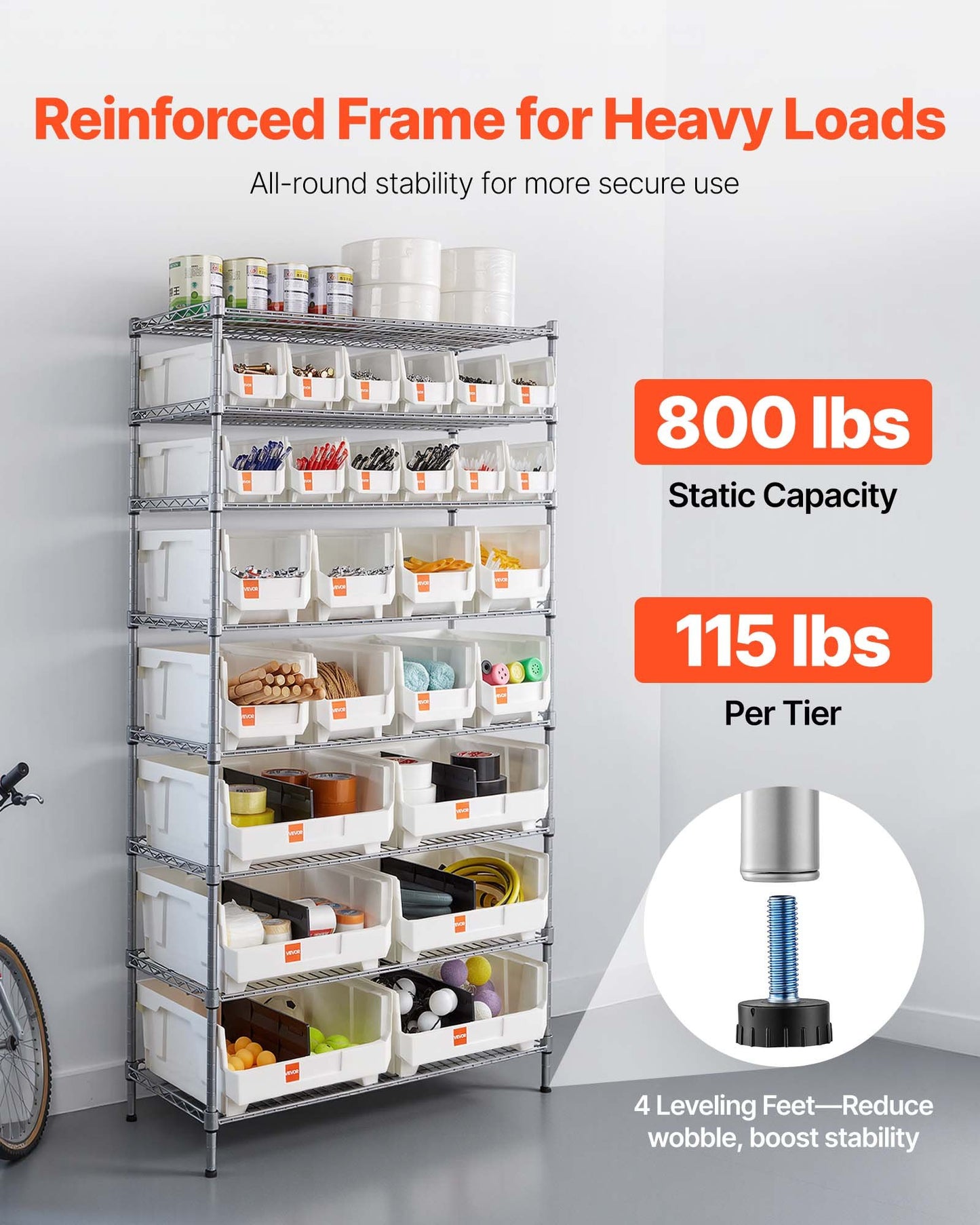 8-Tier Rolling Storage Bin Rack with 26 Organizer Bins - Mobile Steel Wire Shelving for Garage, Warehouse, Office