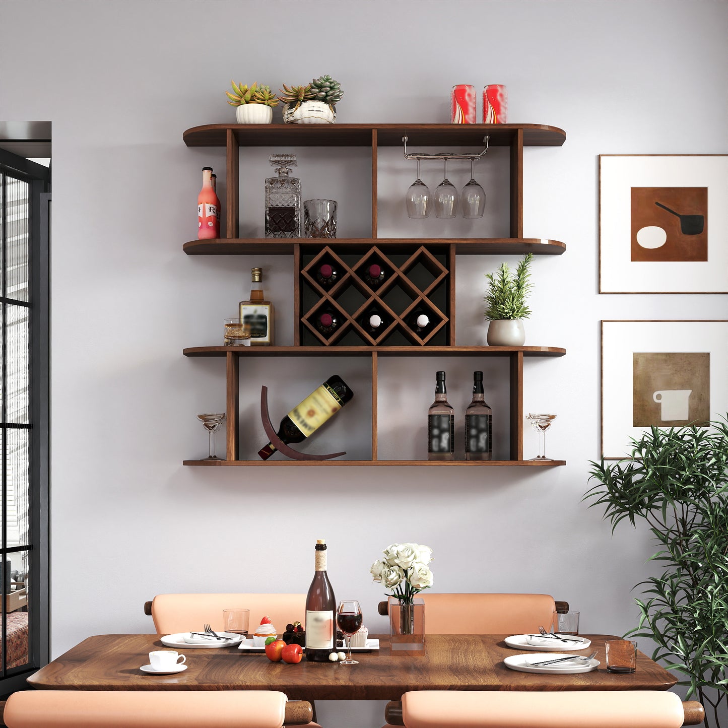 Wall Mounted 3 Tier Rustic Wine Rack with Glass Holder - Walnut