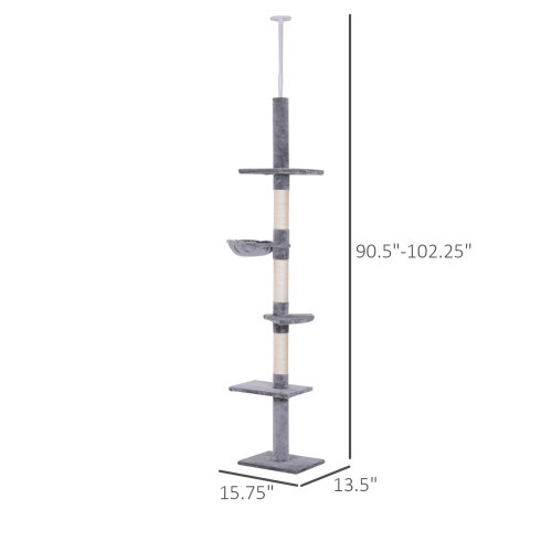 9 Foot Adjustable Floor-to-Ceiling Cat Tree in Grey & White
