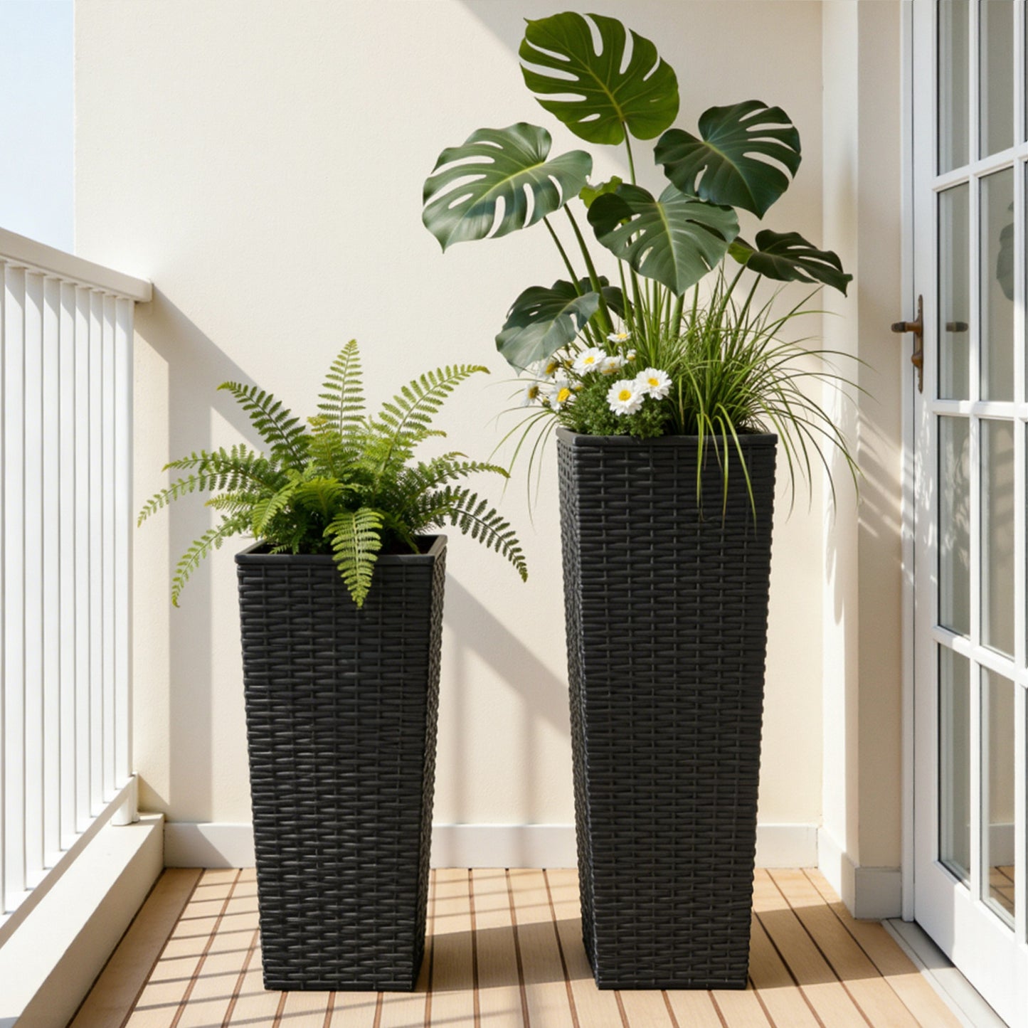 32-Inch Tall Resin Planter Set - Modern Rectangular Pots with Drainage