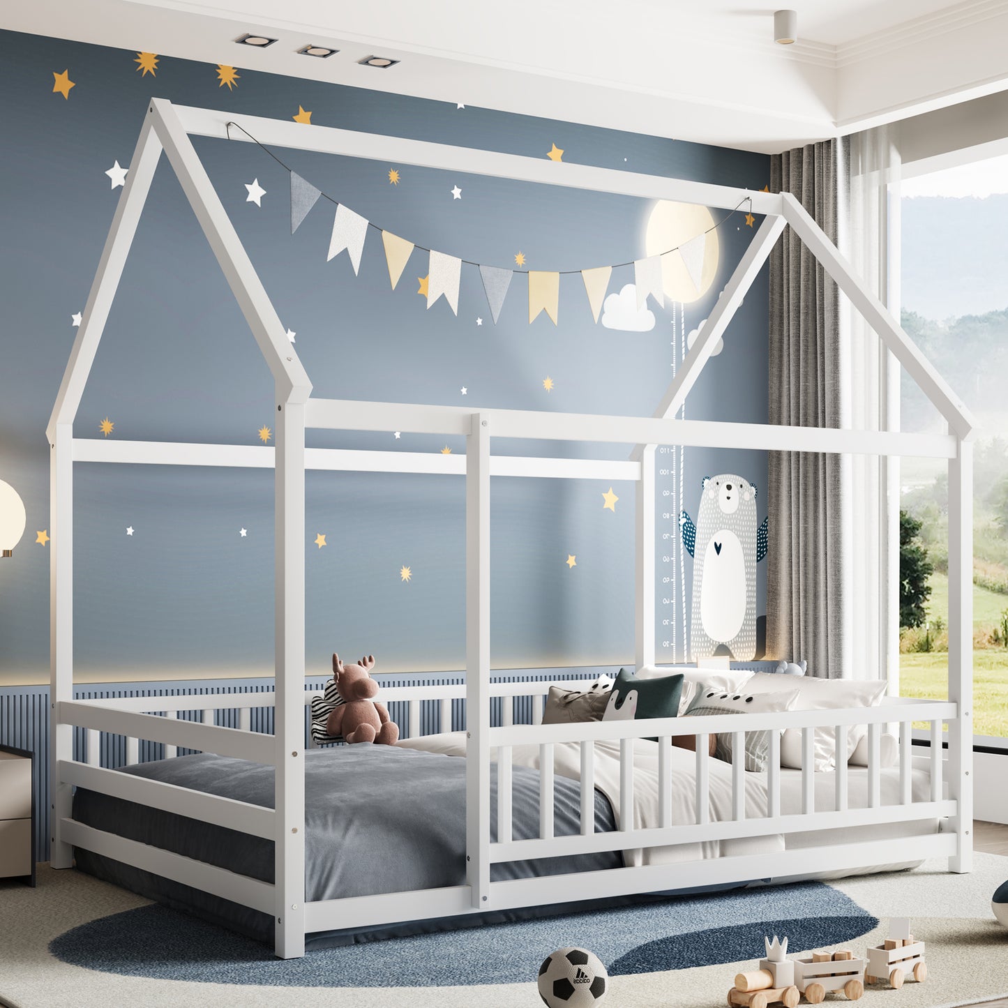 Full Size Wooden Floor Bed with House Roof Frame - White