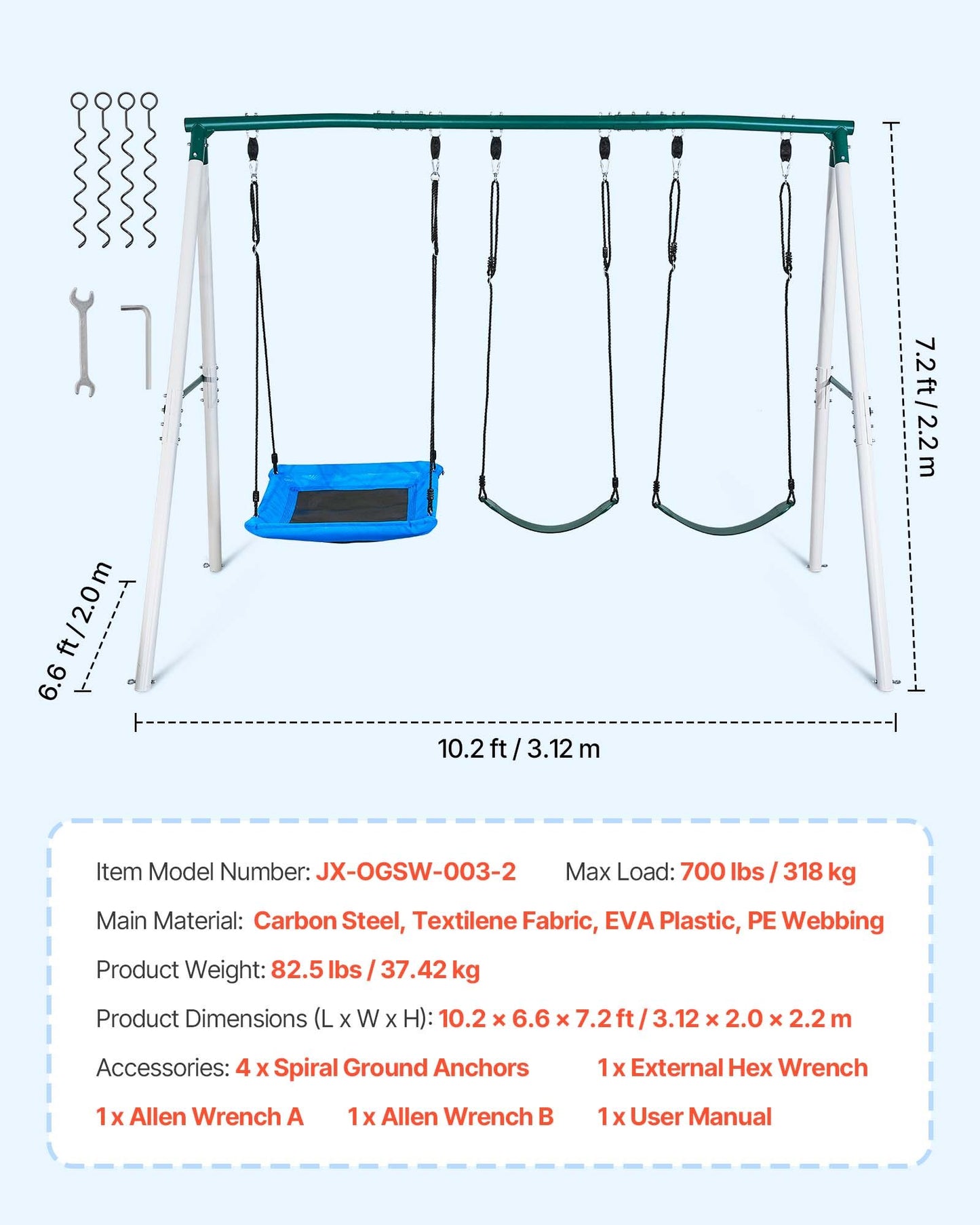 Heavy Duty Backyard Swing Set with 3 Seats - 700 Lb Capacity, Metal Frame, Ground Anchors