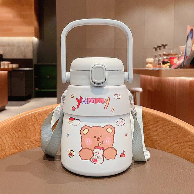Children's Stainless Steel Pot Belly Cup with Straw and Handle - Large Capacity