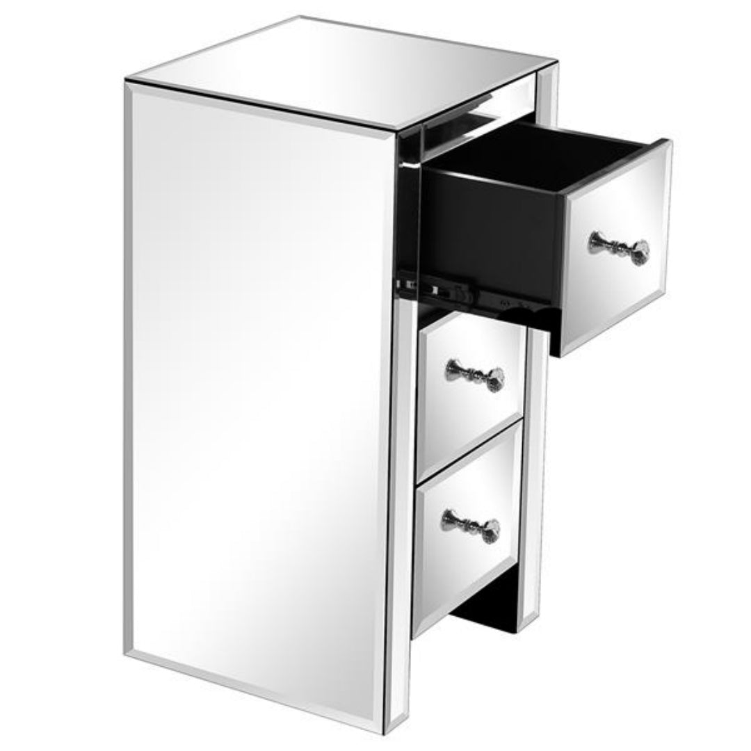 Mirrored Glass Bedside Table with 3 Drawers - Silver