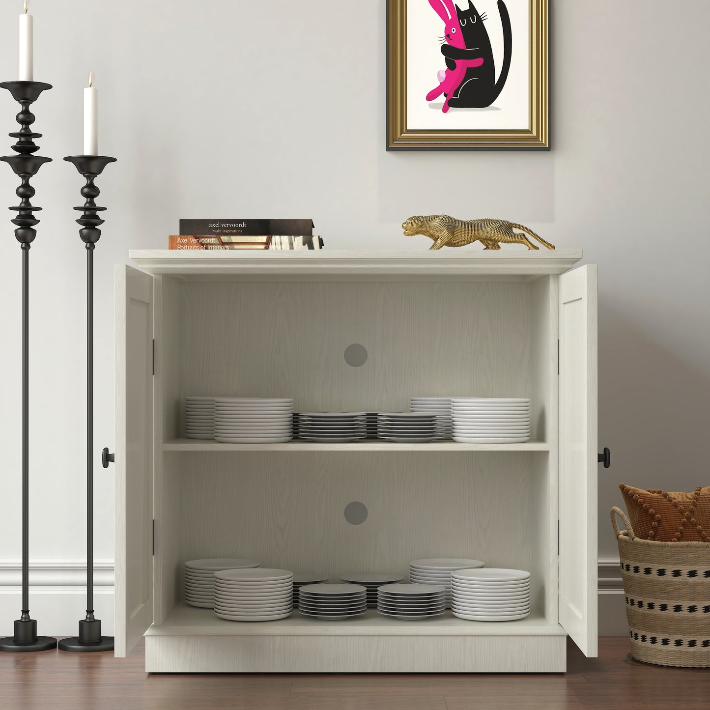 Storage Sideboard Cabinet With 2 Decorative Acrylic Mirrored Doors,