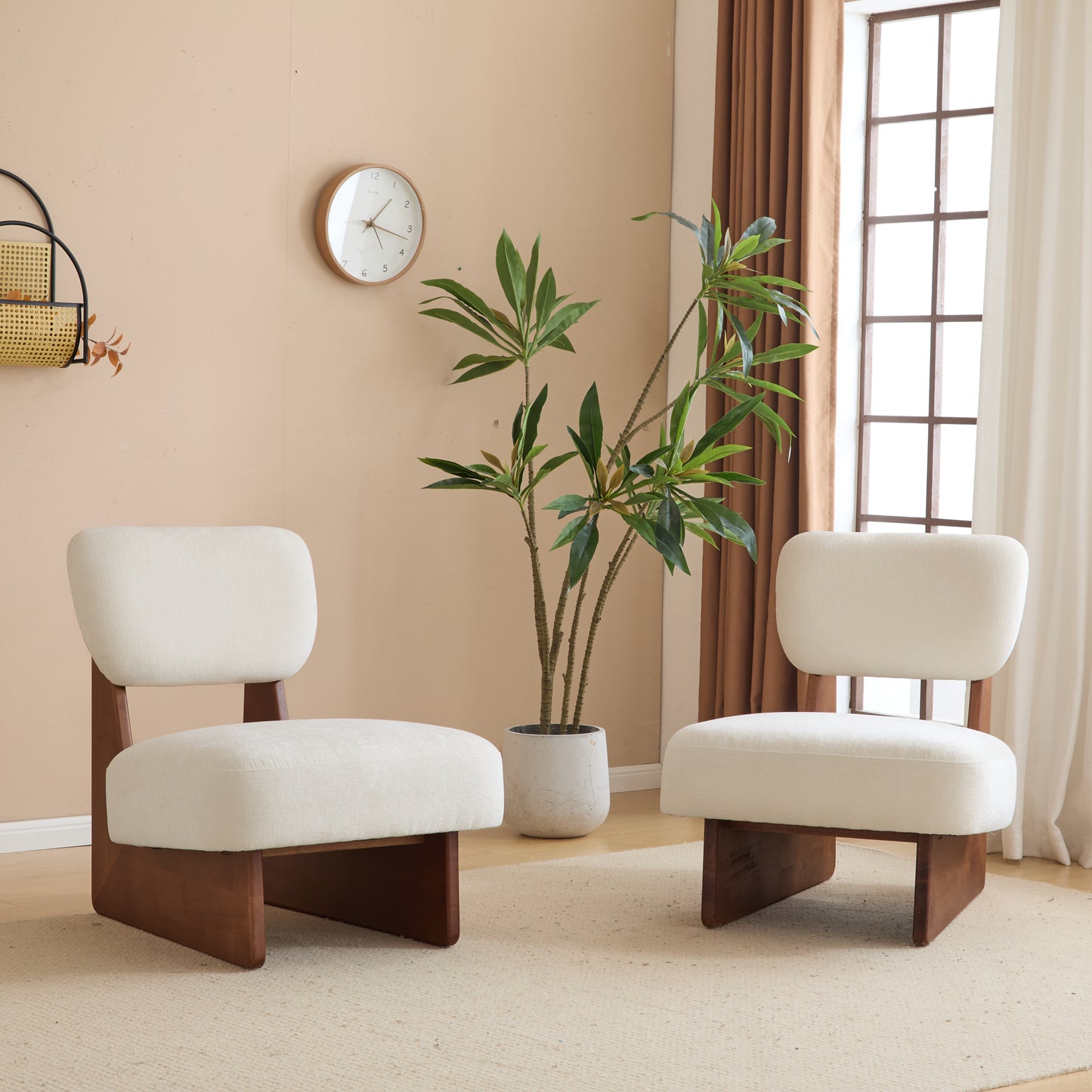 Modern Beige Lounge Chair With Polyester Upholstery, Sturdy Wood Base