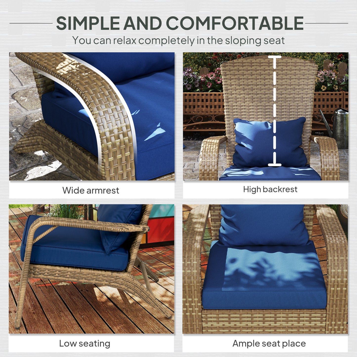 Adirondack Chair with Rattan Wicker and Soft Cushions - Dark Blue