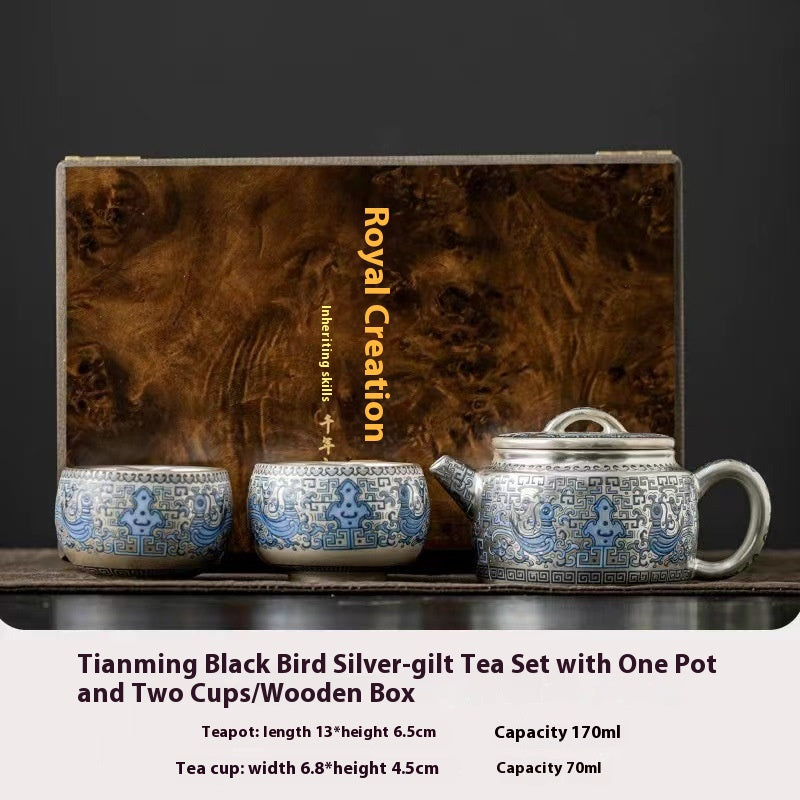 Gilded Silver Tea Set with Teapot - Retro Luxury Portable Drinkware