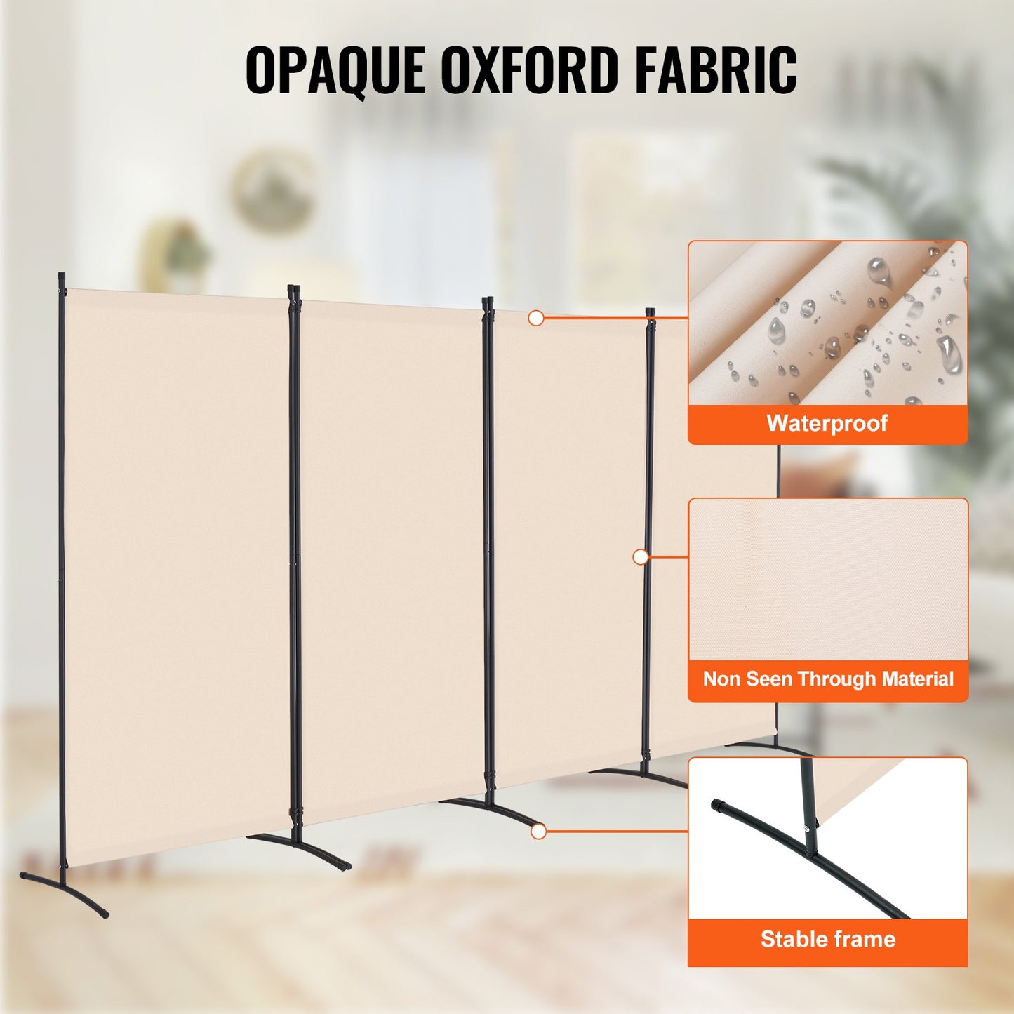 4 Panel Room Divider - Folding Privacy Screen for Home & Office - Beige