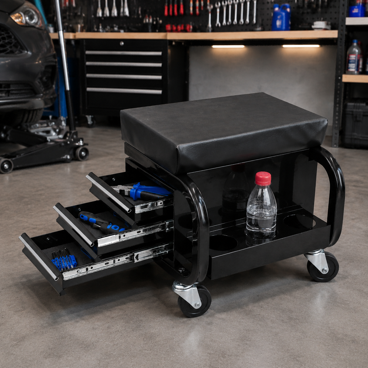Heavy Duty Rolling Garage Stool with 3 Drawers and Padded Vinyl Seat - Tool Storage Cart, Supports 350 lbs, Black