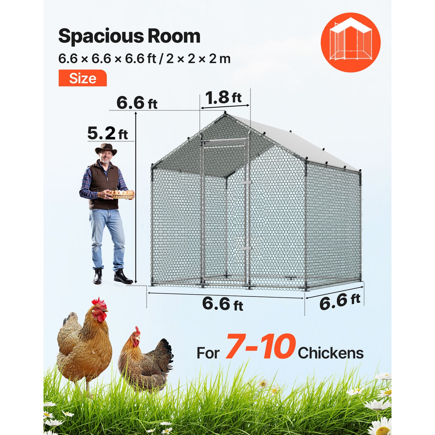 Large Metal Chicken Coop 6.6x6.6 ft Walk-In Poultry Enclosure with Cover & Lock