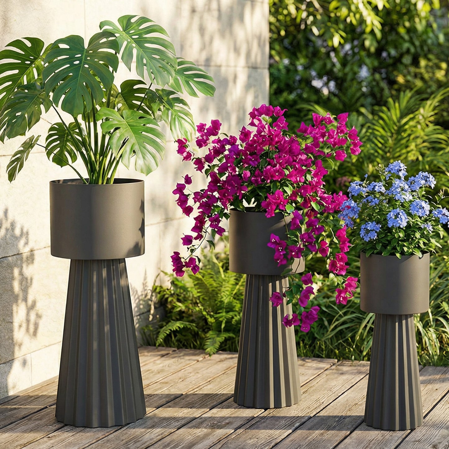 3pcs Metal Plant Pots With Stand Indoor Outdoor Tall Flower 9.1in