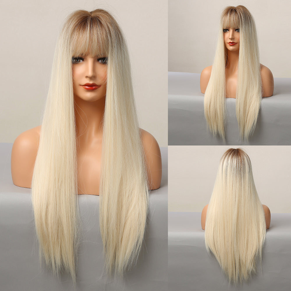 High Temperature Synthetic Wig with Gradient Colors and Bangs - Stylish & Dyeable Hairpiece