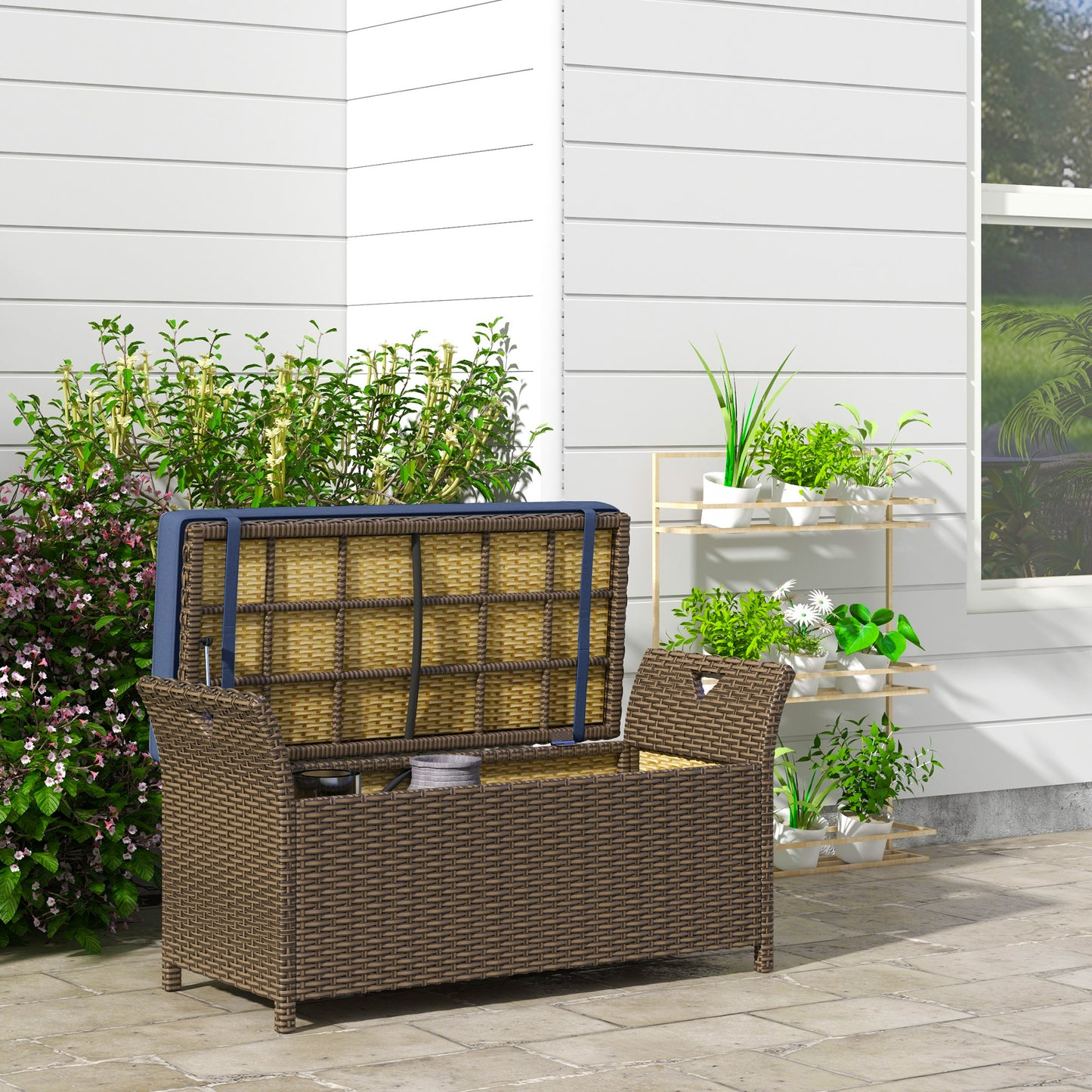 Outdoor Patio Wicker Storage Bench with Cushion - Dark Blue