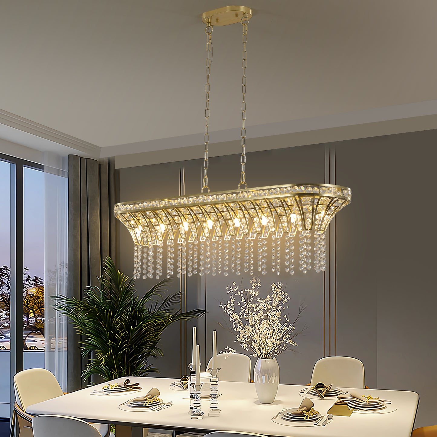 39-Inch Modern Crystal Pendant Light with Gold Finish for Living Room & Dining